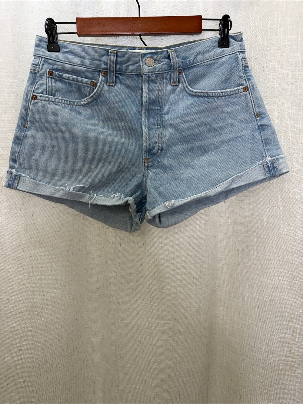 Agolde Blue Denim Button Fly Cuffed Jean Shorts Size 27 Excellent Condition